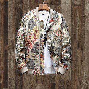 Multi-Colored Embroidered Floral Varsity Baseball Jacket